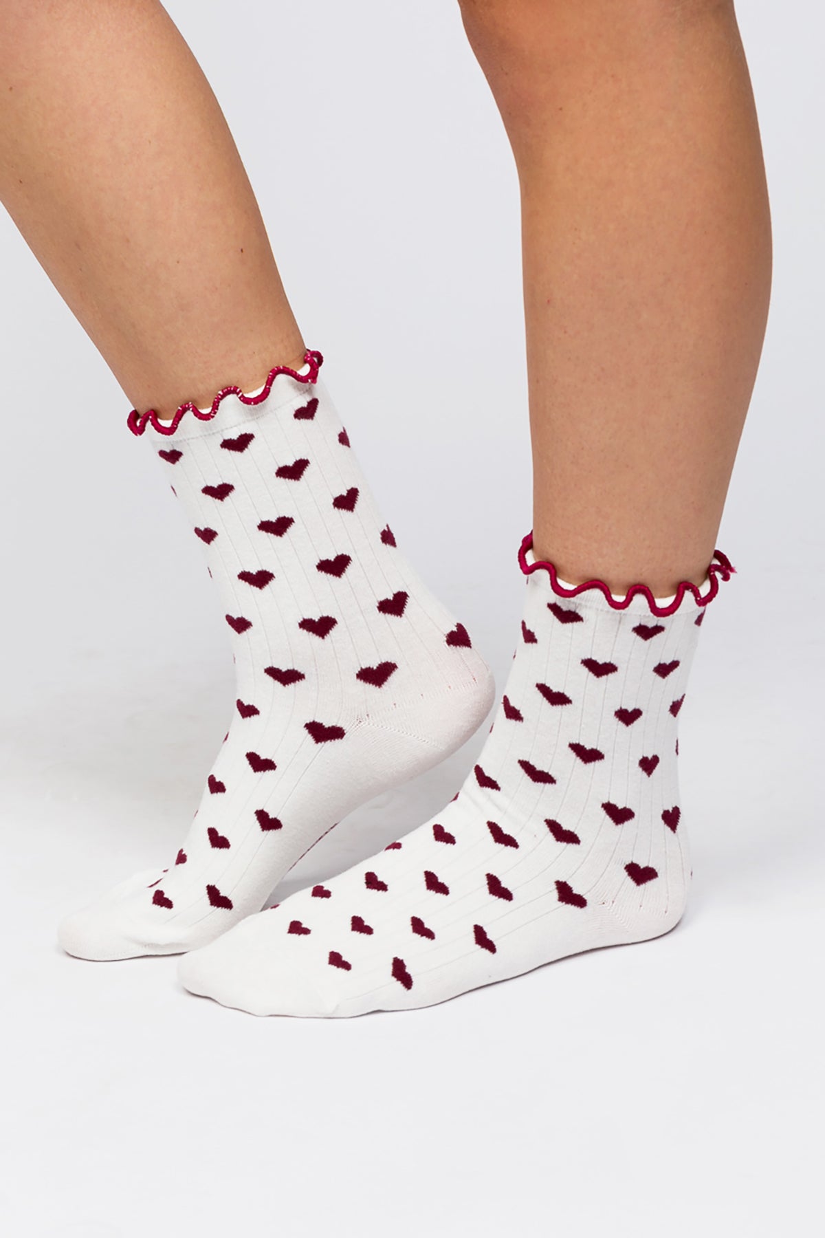 Valentine Collection - Ruffle Çorap - Burgundy Hearts